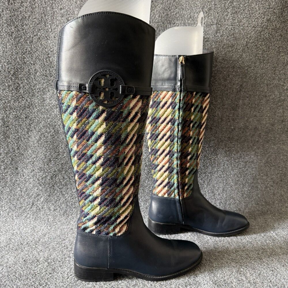 Tory Burch Miller Bouclé Tweed Leather Riding Tall Boots 7 M/38 Navy Blue Logo